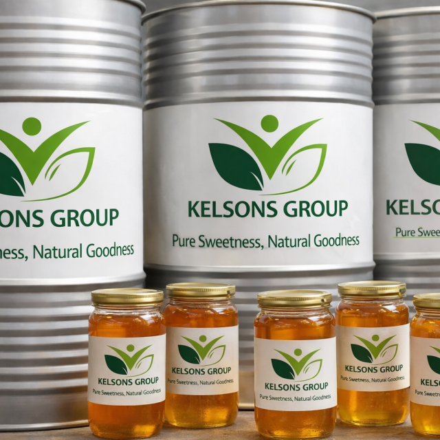 Kelsons' Honey in jars and drums